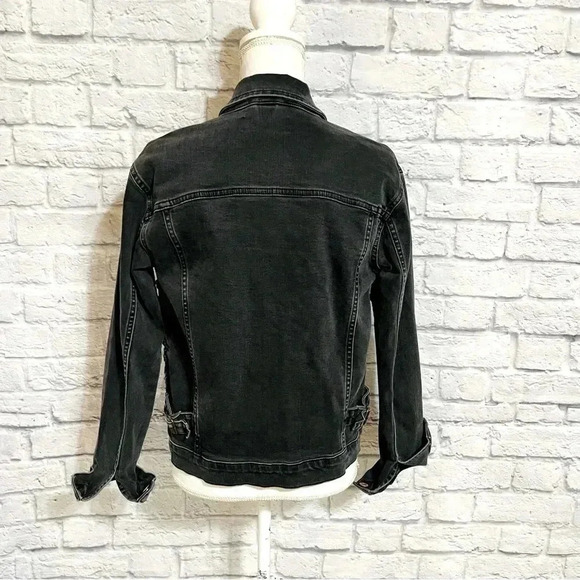 Topshop Embroidered Denim Jacket Jean Jacket Moto Washed Black Rough Edge - Picture 4 of 9
